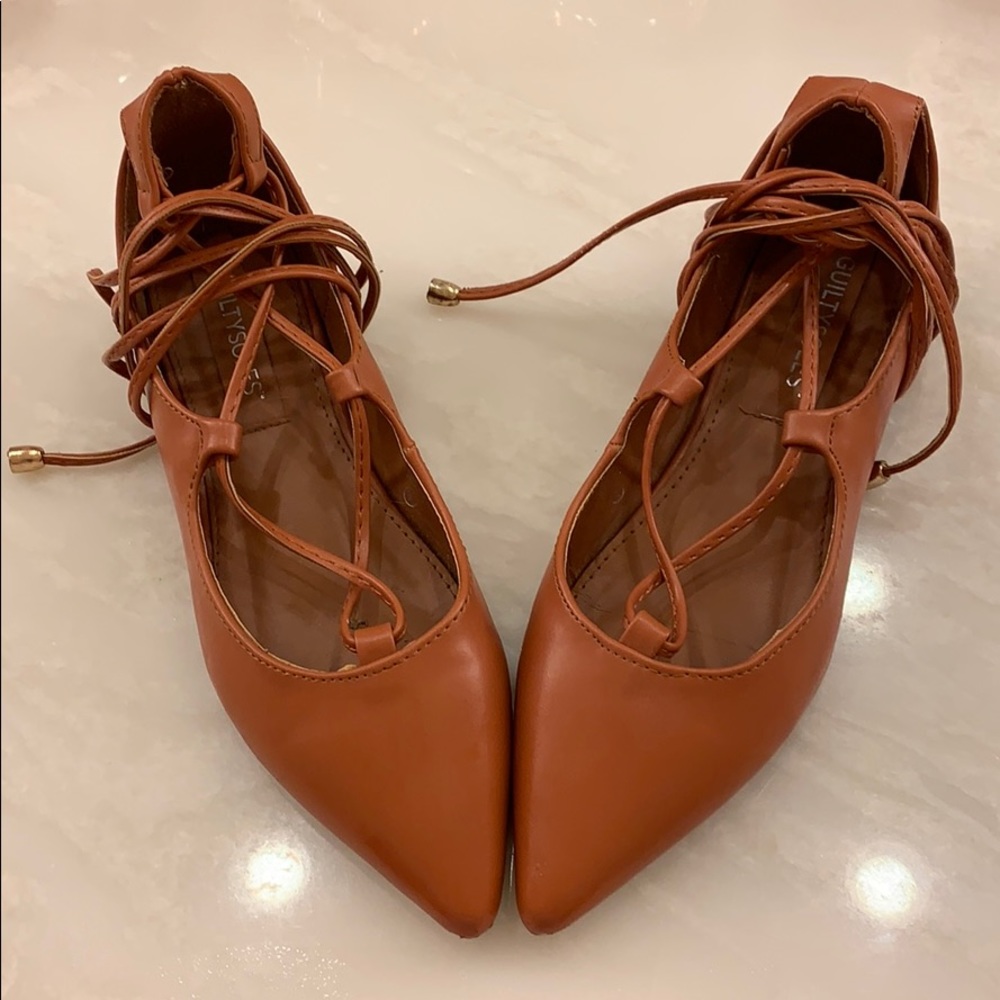Lace Up Brown Pointed Toe Strappy Flats
